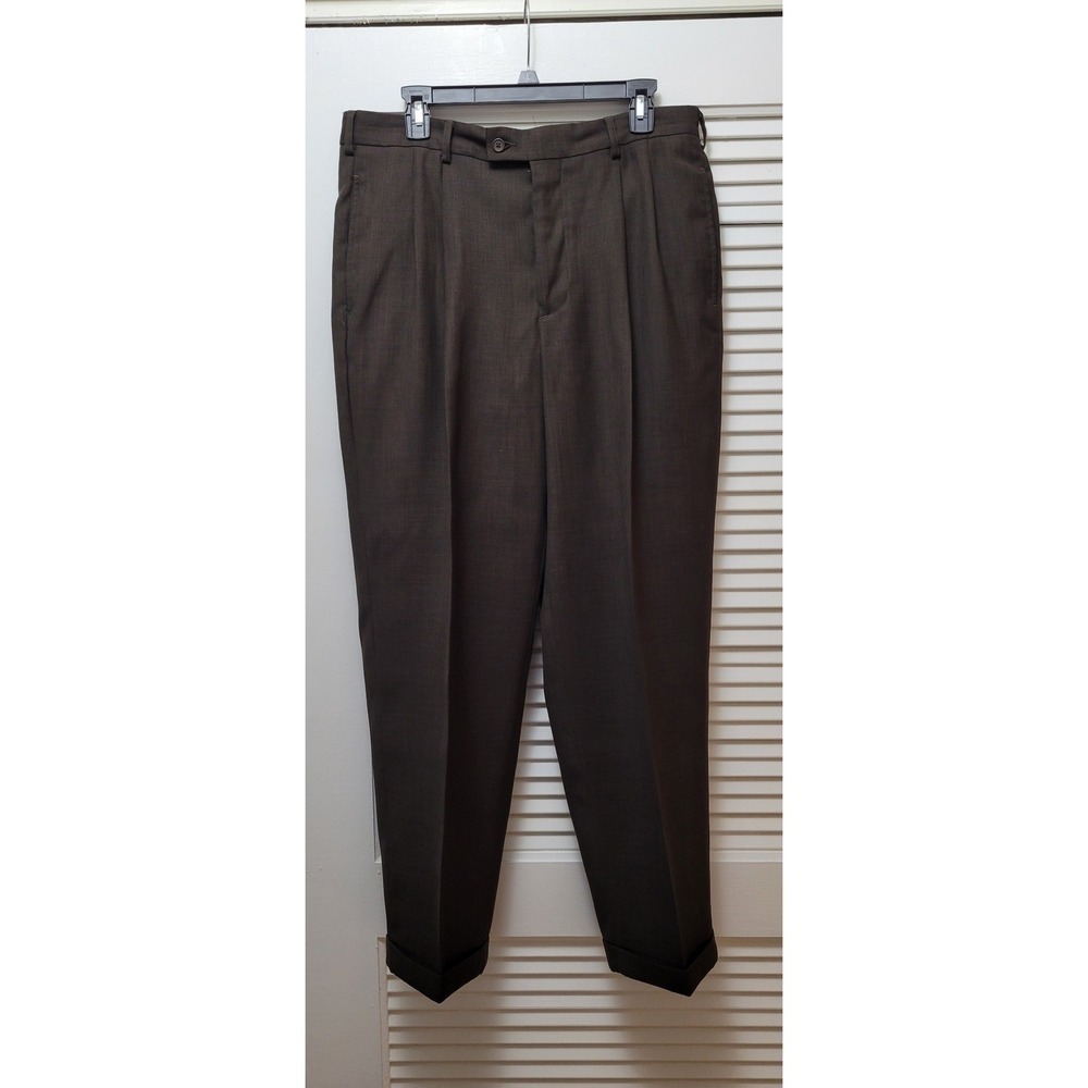 J. Ferrar Mens Pleated Cuffed Dress Pants Brown 34x30 Polyester Trousers